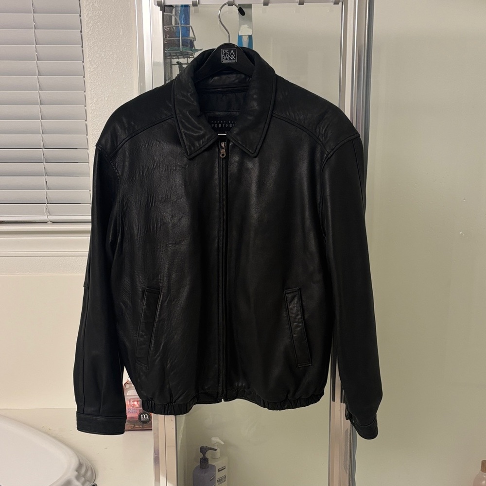 Perry Ellis Black Leather Bomber Jacket